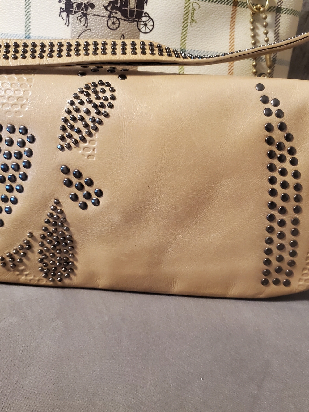 Francesco Biasia Satin,genuine LeatherBeige Shoulder Bag with Black Stud Accents